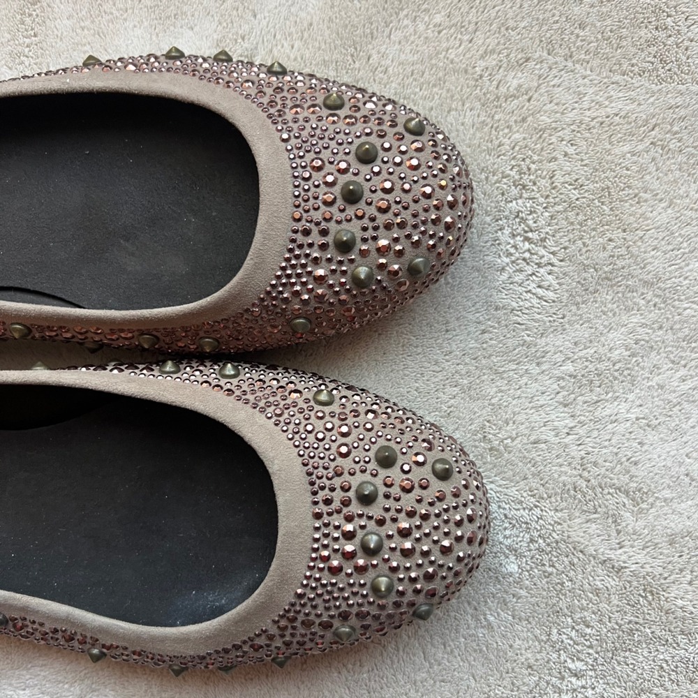 Stuart Weitzman Nubeads Women 7.5-8 Taupe Suede Crystal Studded Ballet Flats